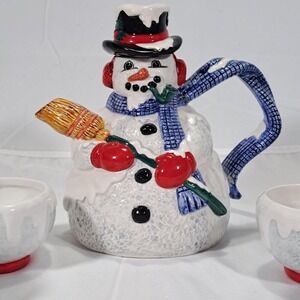 Department 56 Snowflake the Snowman Ceramic Teapot and 4 Tea Cups Set 13321